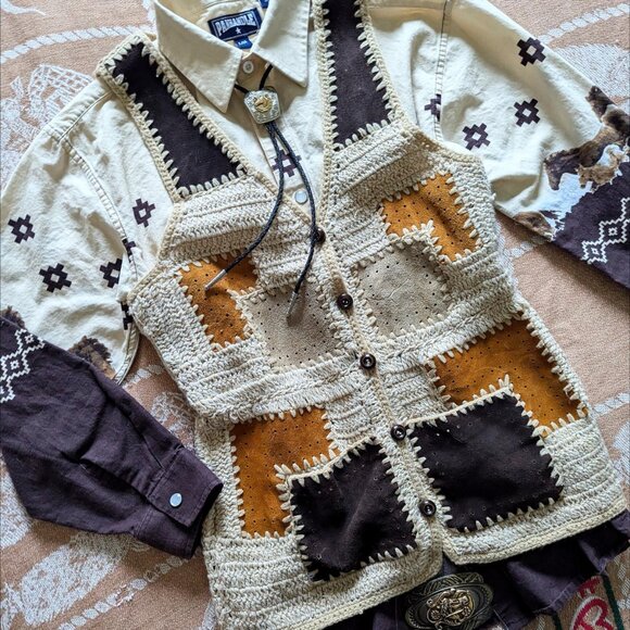 Vintage Grandmacore Crochet and Suede Patchwork Vest - Picture 4 of 8